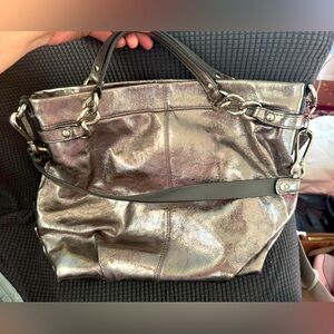 Leather Coach purse , metallic silver
